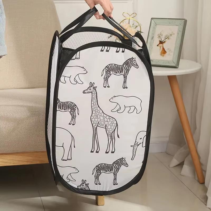 2Pc Cartoon Foldable Laundry Basket Large Capacity Organizer Basket for Household Dirty Clothes Nylon Mesh Bag for Toy Storage