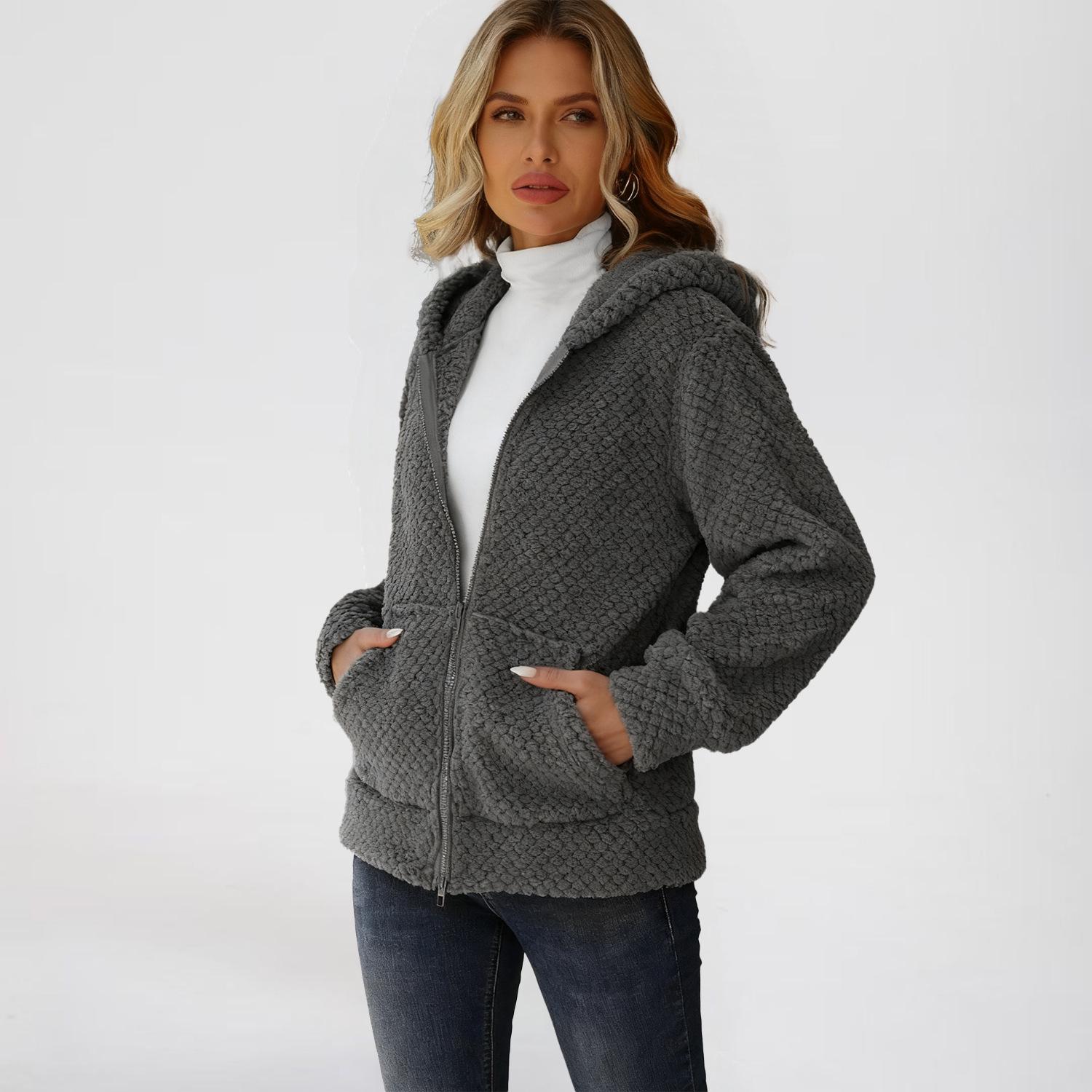 

2025 Women s Autumn/Winter Hooded Zip-Up Cardigan with Pockets - Loose Fit, Plush Material XXL
