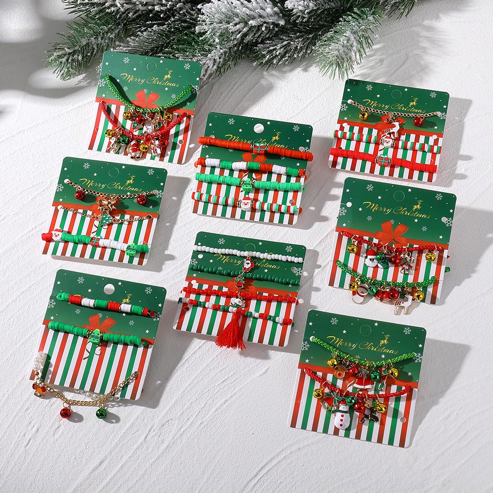 European & American Christmas Tree Clay Bracelet Set: 3-Piece Fashion with Reindeer & Snowflake Designs