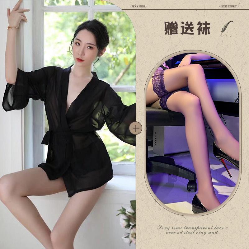 New sex underwear women's sexy transparent temptation chiffon pajamas short bathrobes hip suit