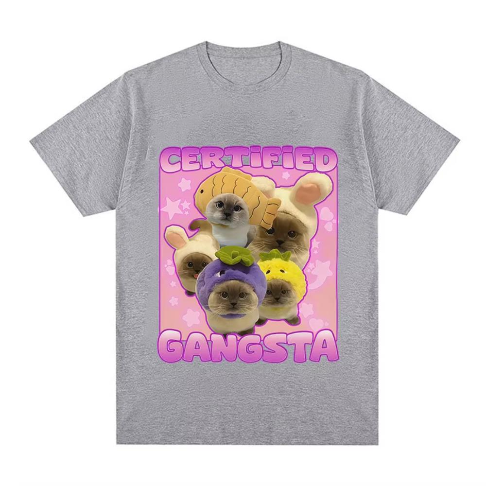 Certified Gangsta Funny Cat Meme T-shirts Men Women Cute Style Cotton Short Sleeve T Shirts Casual Oversized O-Neck Tops T Shirt