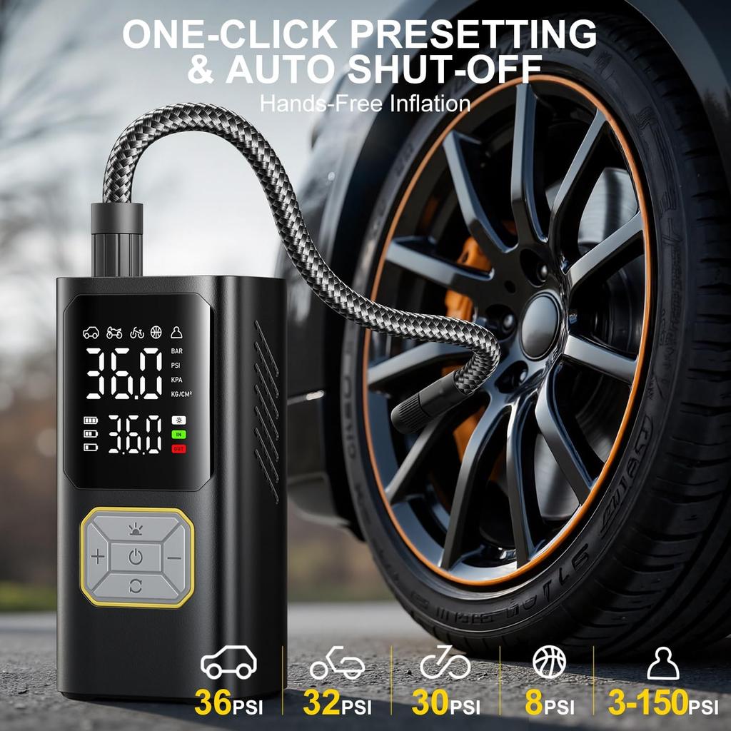 Tire Inflator Portable Air Compressor, 150PSI Air Pump for Car Tires, Cordless Air Compressor Pump with Digital Pressure Gauge, Auto Shut-Off Tire