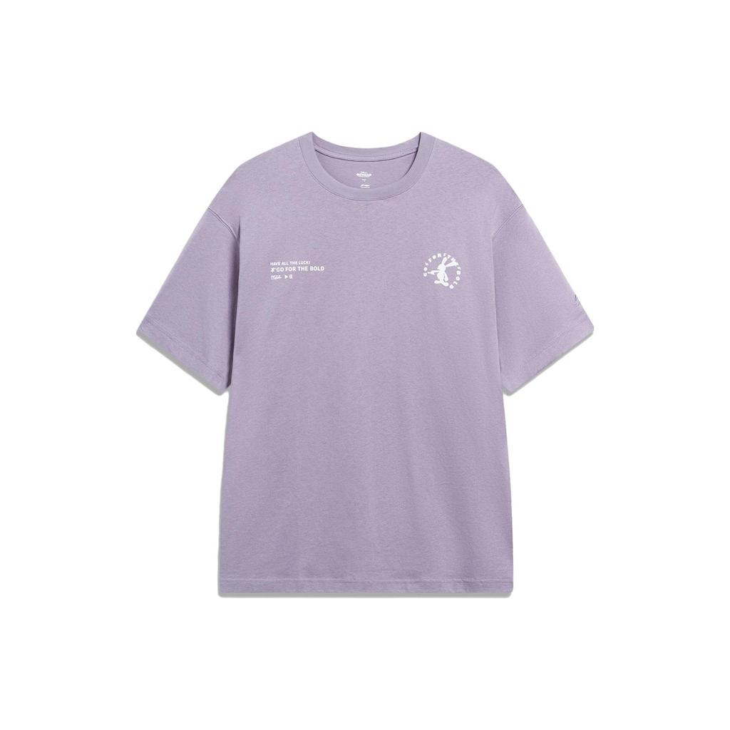 Li-Ning X Disney Round Neck Letter Print Loose Short Sleeve T-Shirt Unisex Tops Smoky-Purple AHST315-5