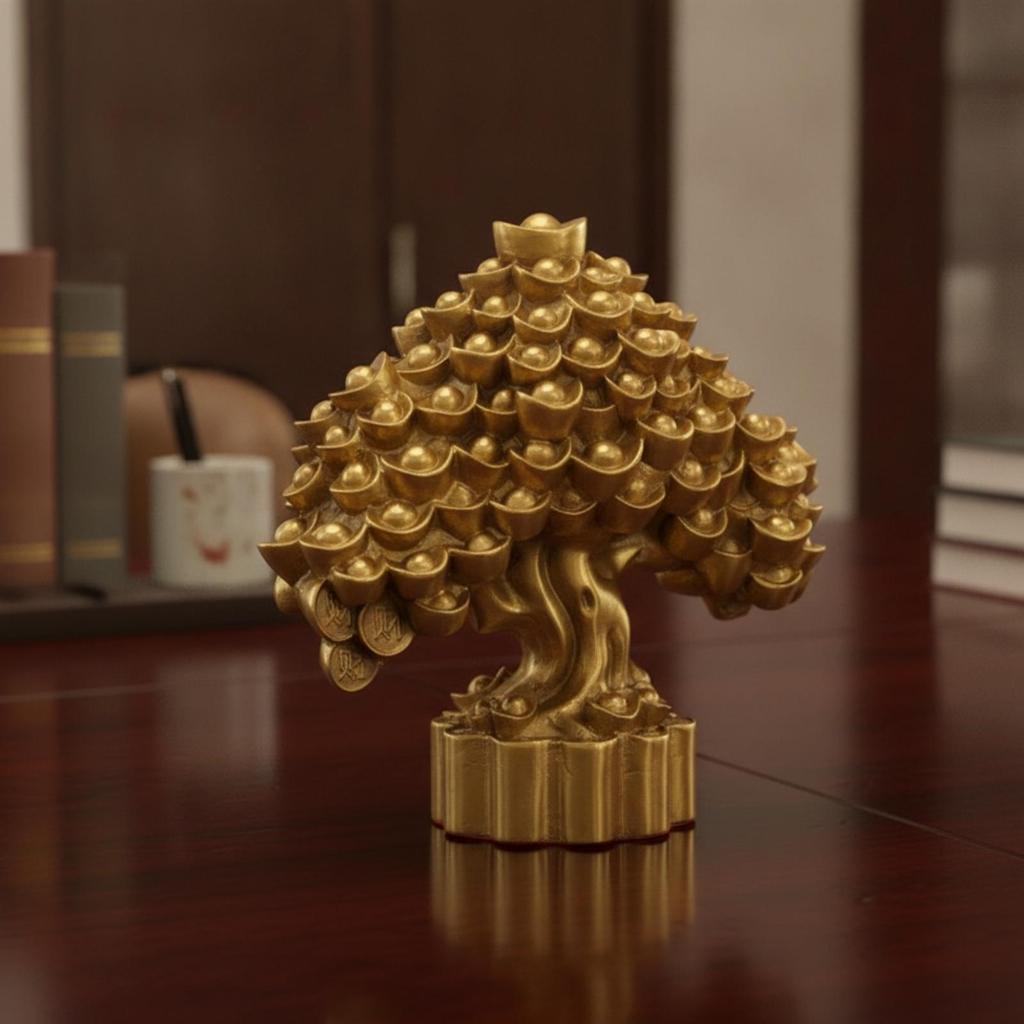 Golden Brass Tree Prosperity-Themed, Money Tree, Gold-Toned, Decor, for