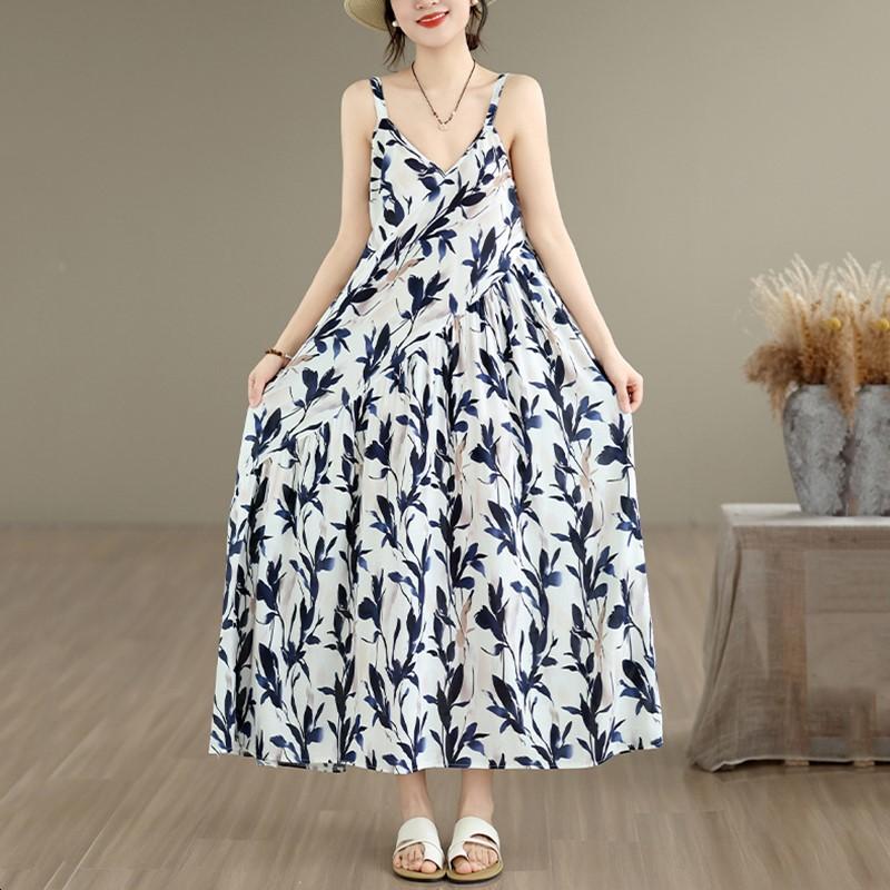 Sleeveless Strap Plus Size Cotton Vintage Flora New In Dresses For Women Casual Loose Long Summer Dress Elegant Clothing