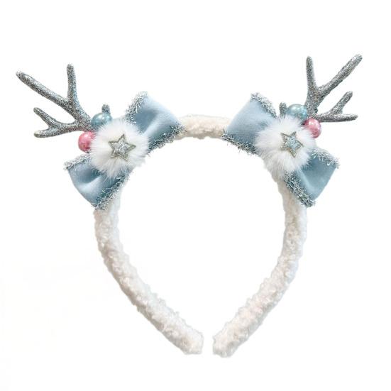 Christmas Headband for Women Fleece Reindeer Antlers Headband with Bow Pompoms for Xmas Party Supplies Halloween Cosplay Accessory