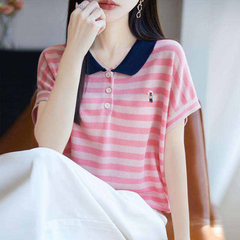 Women Knit T-shirt 100% Wool MODERN NEW SAGA Summer Knitted Shirt Short Sleeve Tees Turn-down Collar Patchwork Pullover Knit Tops