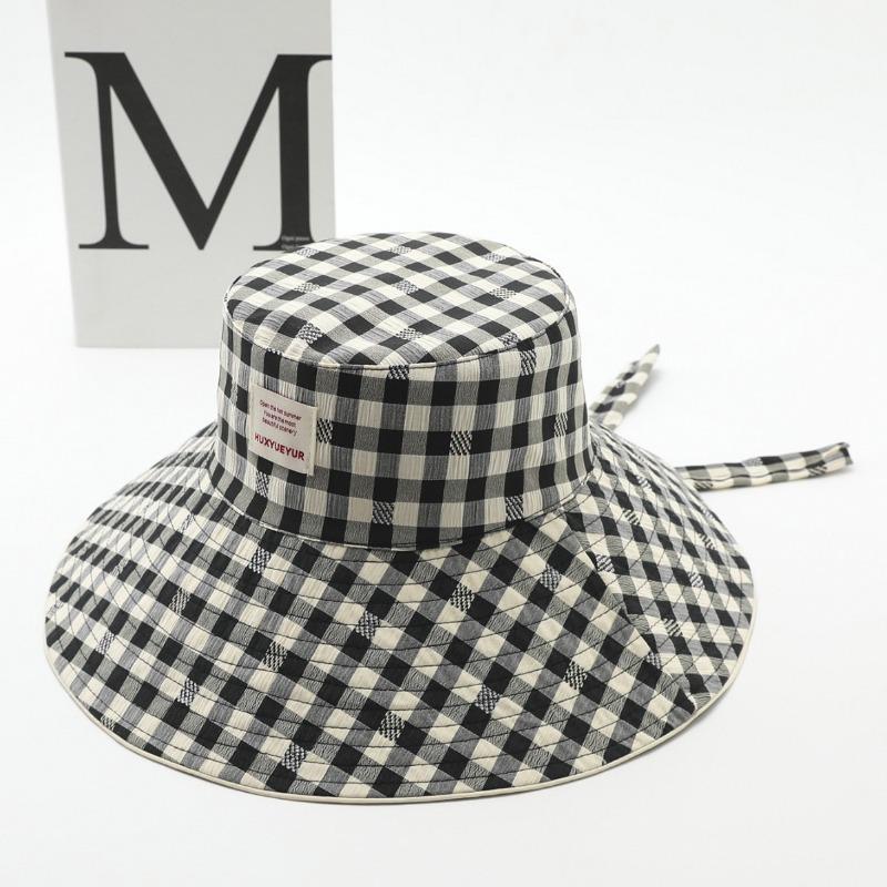 Plaid wide edge strap bucket hat women's summer big brim showing face small sun hat sun protection hat basin hat