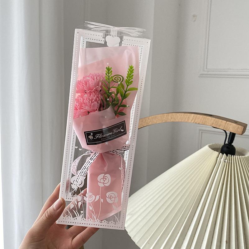 Artificial Carnation Floral Gift Box - Delicate Flower Arrangement In The Clear Plastic Box with Ribbon Decoration
