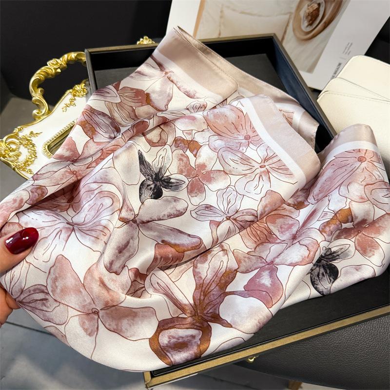 Luxury Floral Print Satin Scarf Square Versatile Shoulder Wrap Sun Protection Neck Ties Women's Headscarf Fashionable Accessory