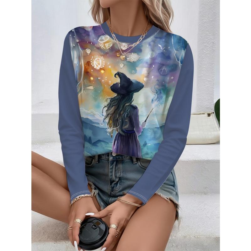 Round Neck 3D Witch Printed Top Casual Long Sleeved Women's T-shirts - Soft Medium Stretch Polyester Fabric Spring and Autumn Relaxed Fit Clothing