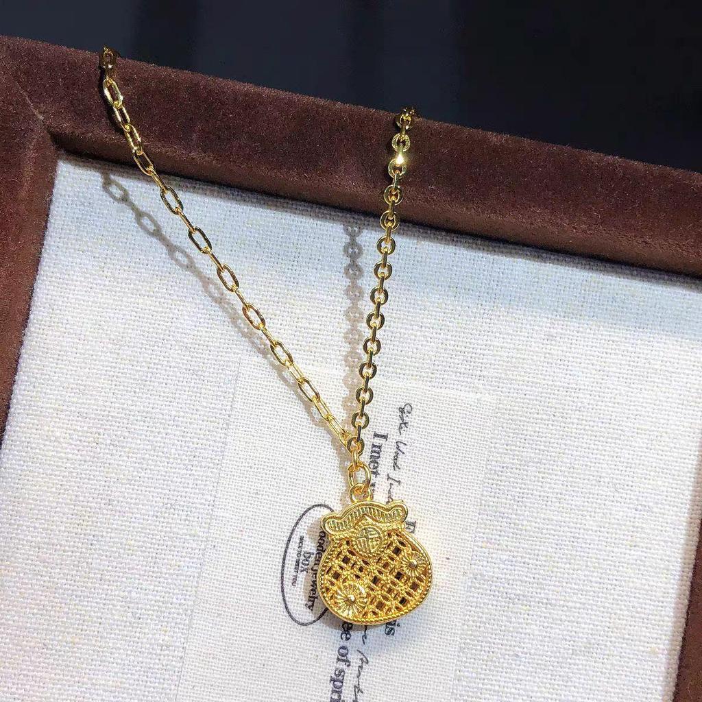 Women's Gold Fortune Bag Pendant Necklace with Lace Hollow Design
