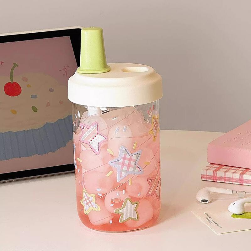 Kawaii Glass Water Bottle For Girls With Straw New Bubble Juice Milk Tea Cup Student Heat-resistant Glass Drinking Bottle 500ML