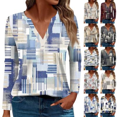 Women's Fashion Casual T-Shirt V-Neck Long Sleeve Geometric Patchwork Printed Top