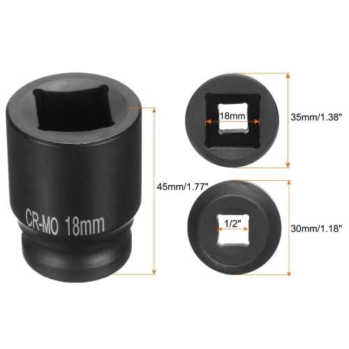 uxcell 4-Point Square Socket, 1/2" Drive, 18mm Metric Square Impact Socket, CR-MO Blackening Standard Wheel Socket, Air Tool for Automotive Repair, Ma