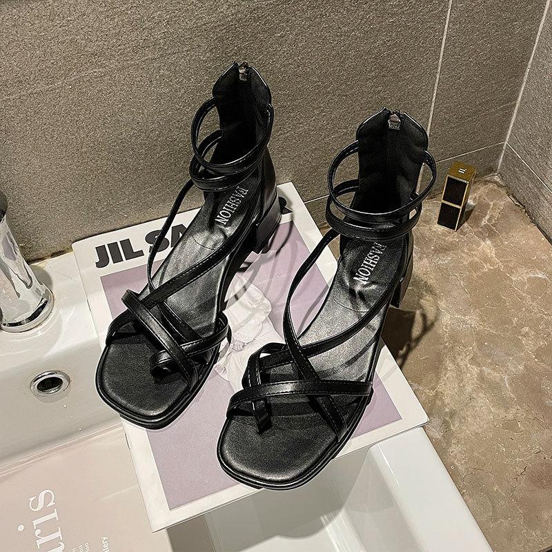 Medium Heel Sandals Women's 2025 Summer Wear Korean Version of Thick Heel Open Toe Hollow Roman Shoes Ins Super Fire High-top Cool Boots Women
