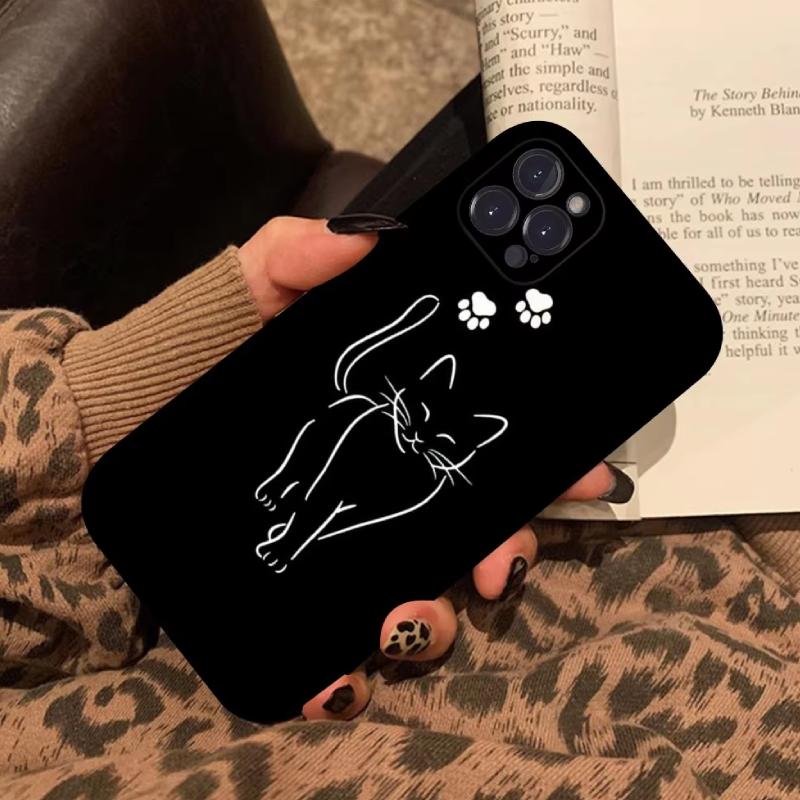 Cartoon Black Cat Line Phone Case For iPhone 15 11 12 14 13 Pro Max Mini XSM XR SE 7 8 Plus Cute Kitten Mobile Phone Cover Funda