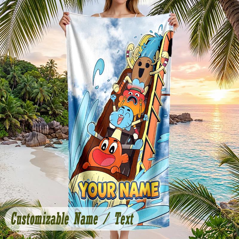 Amazing World of Gumball Beach Towel, Personalized Custom Text, Quick Dry Soft Large Towel For Swimming Pool Travel