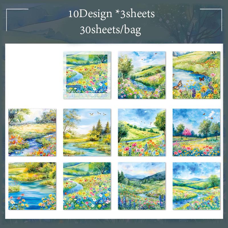 

30sheets/bag Material Paper Spring Watercolour Landscape Handbook Stationery DIY Handmade & Scrapbook Journal Decoration