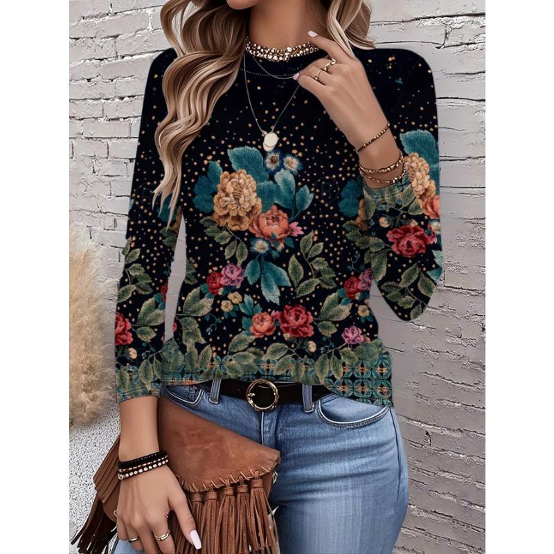 2026 New Women's Fashionable Long-Sleeved T-Shirt with Retro Floral Pattern, Perfect for Everyday Wear and Stylish Outfits