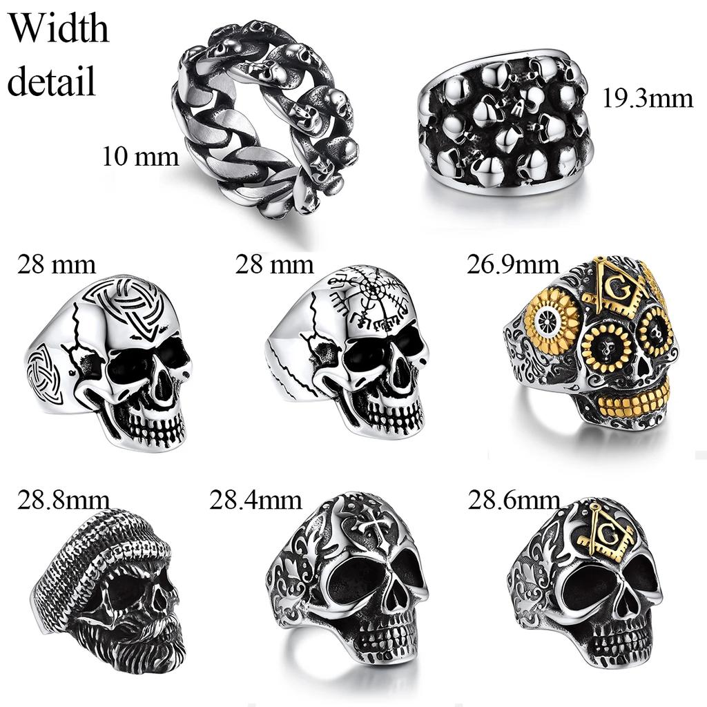 U7 Stainless Steel Big Skull Rings for Man Woman Size 7-14 Cross 3D Skeleton Cuban Chain Celtic Knot Pattern Gothic Punk Jewelry