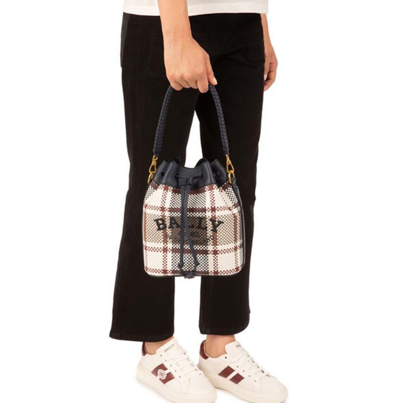 Bally Cleoh 21 Drawstring Closure Striped Decor Leather Bucket Bag Women Handbags Gray Brown 6300233