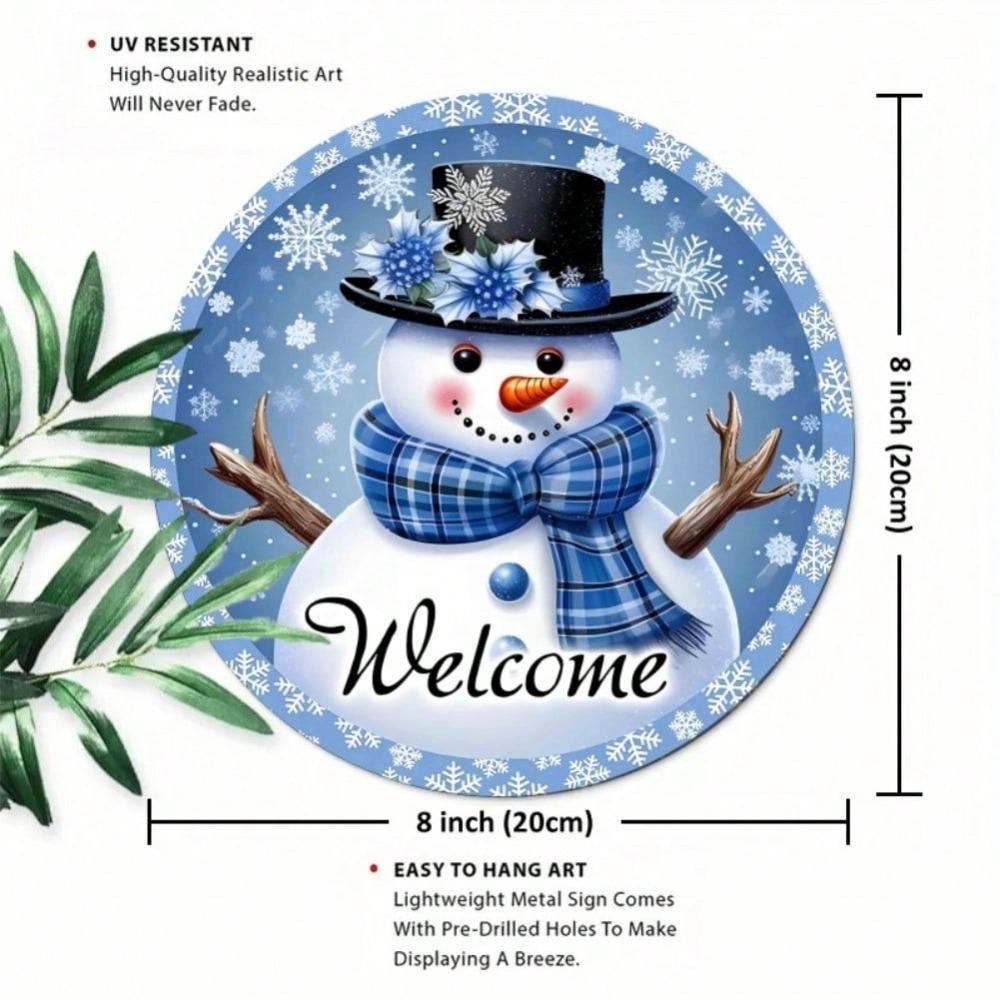 Snowman Iron Wall Art Round Metal Sign Outdoor Indoor Welcome Plaque Blue Decor 8 Inch Home Gift