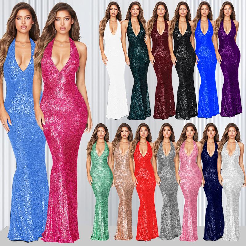 Women's sleeveless backless dress women's summer high-end long dress European and American sequins hanging neck fishtail dress women
