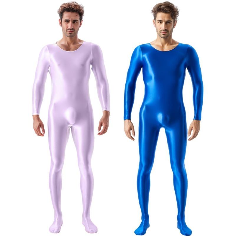 Mens Oil Glossy Bodystocking Full Bodysuit Long Sleeve Unitard Jumpsuits Stretchy Sheer Silky Romper Club Party Workout Onesie