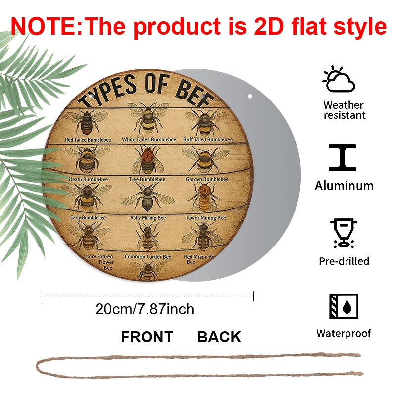 2D Flat, 1pc Vintage Bee Species Chart Aluminum Wall Sign - Round Beekeeper' Knowledge Plaque, Bee Lover Gift, Educational Bee Identification Chart