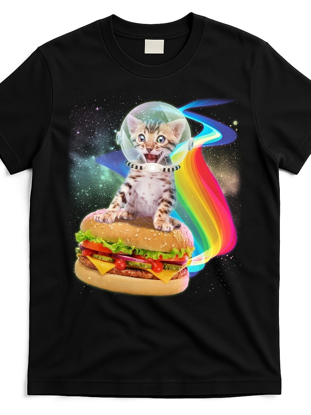 Men S Retro Space Cat & Burger Graphic T-Shirt - Funny Kitten in Spacesuit wit M