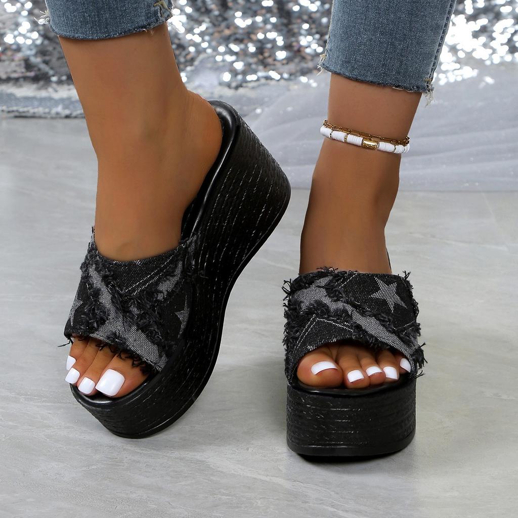 Large Size Super High Heel Slippers Denim Blue Slope Heel One-Word Slippers Wedge SlipperS