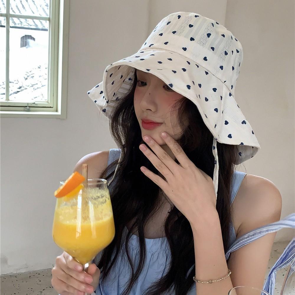 Sweet and cute love lace-up bucket hat women's summer big brim sunscreen basin hat show face small hat