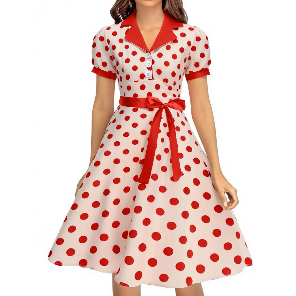 Dames Polkadot Shirtkraag Franse Retro Jurk