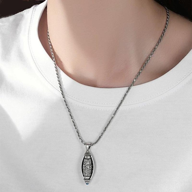 S925 sterling silver lucky transshipment six-character mantra turquoise nine-eye dzi beads pendant necklace retro men and women turn