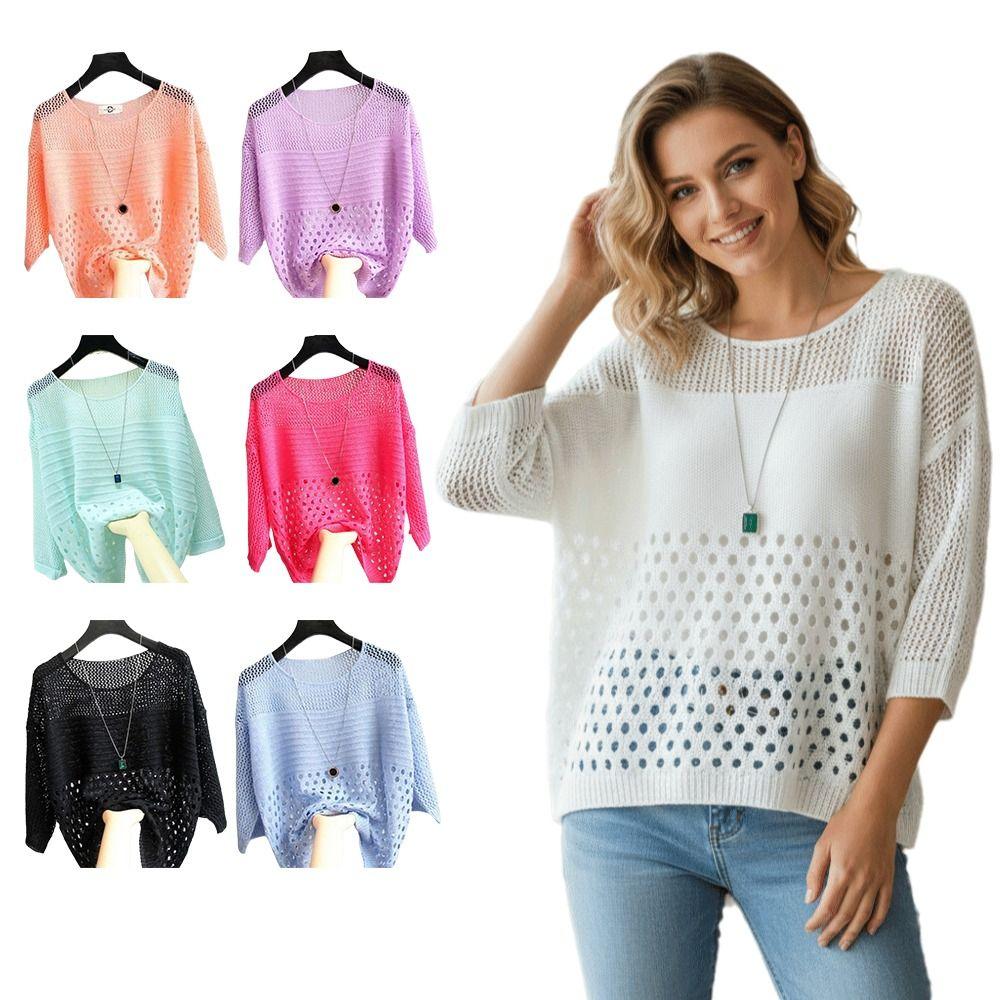 Crochet Knit Knit Sweater Round Neck Hollow Out Top Fashion Beach Cover Up  Beach Vacation