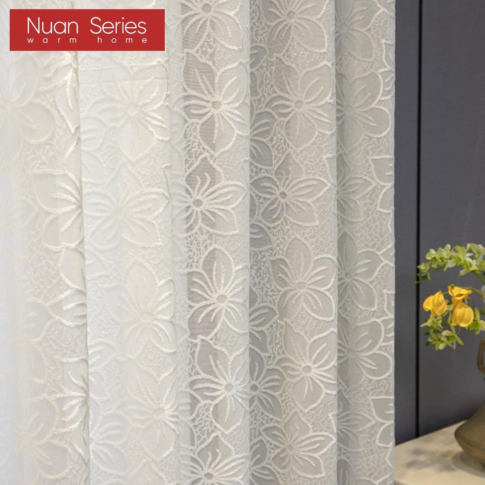 1PC Cherry Blossom Pattern Jacquard White Tulle Translucent Sheer Curtain for Living Room Bedroom Balcony Window Home Decor Nuan Series