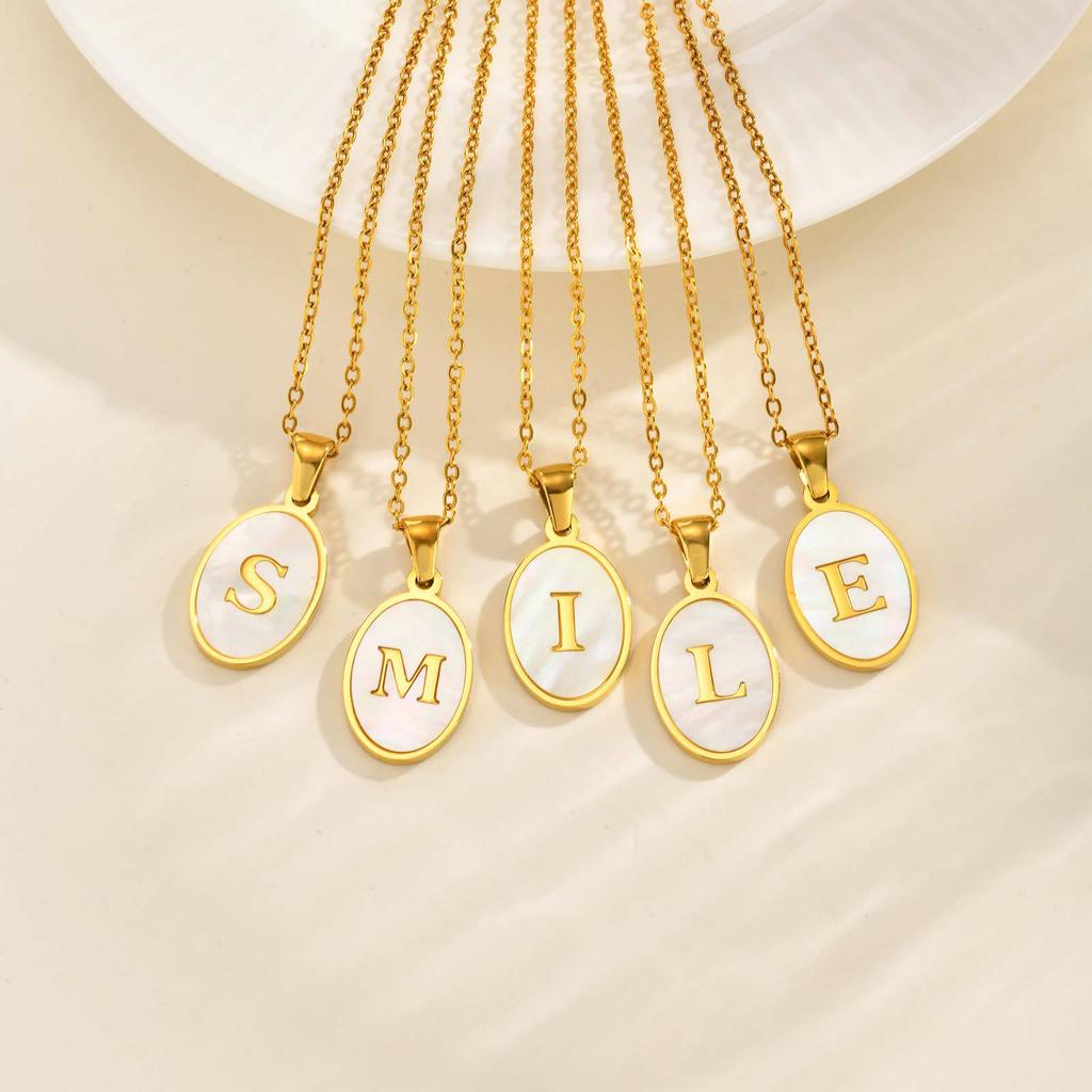 Stainless Steel Oval White Shell 26 Letter Pendant Name Letter Necklace Commemorative Gift Pn-2186
