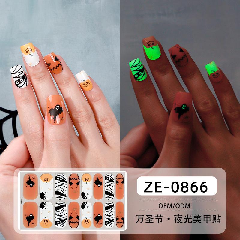 Halloween Nail Art Sticker Waterproof Cartoon Nail Oil Film Stylish and Cute No-Bake Nail Luminous Sticker