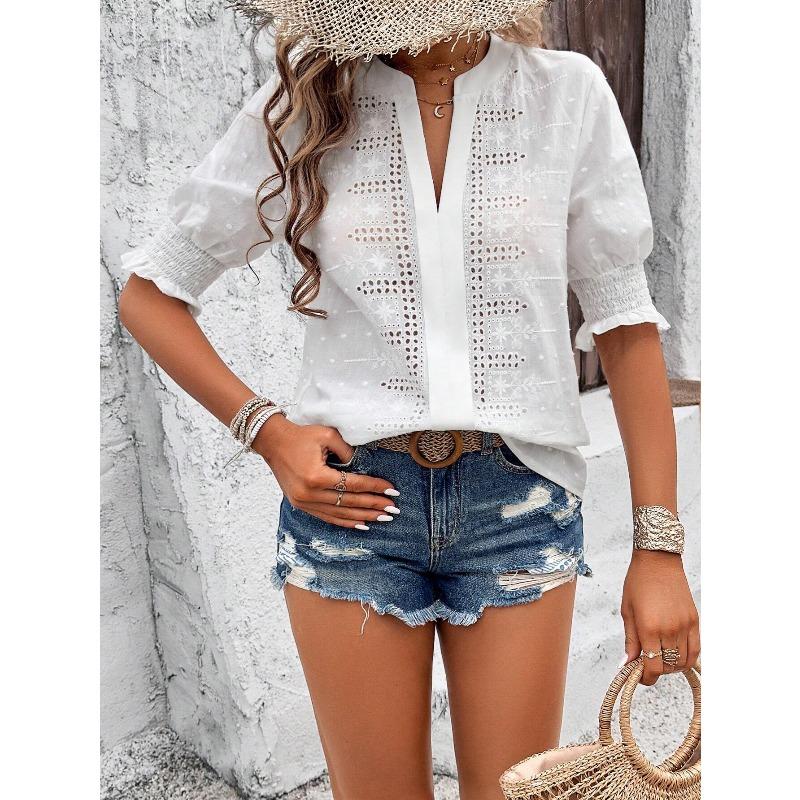 Pleated Short Sleeve Shirts for Women V-Neck Solid Color Loose Blouse Tee Embroidery Hollow Out Dressy Tunic Top
