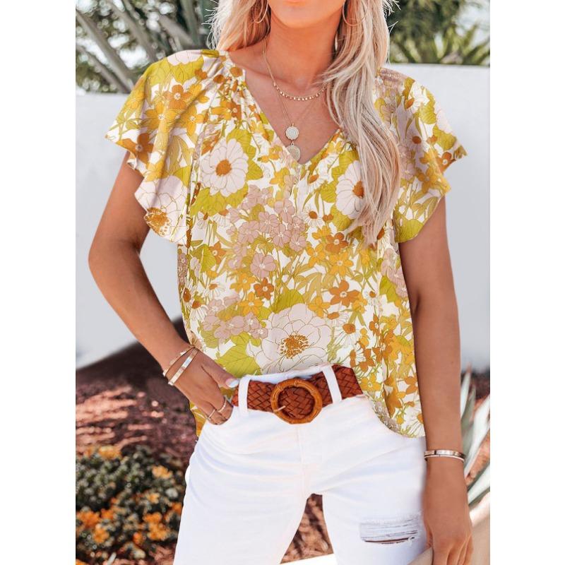 Women V Neck Printed Short Sleeve Loose Casual Pullover Blouse Top