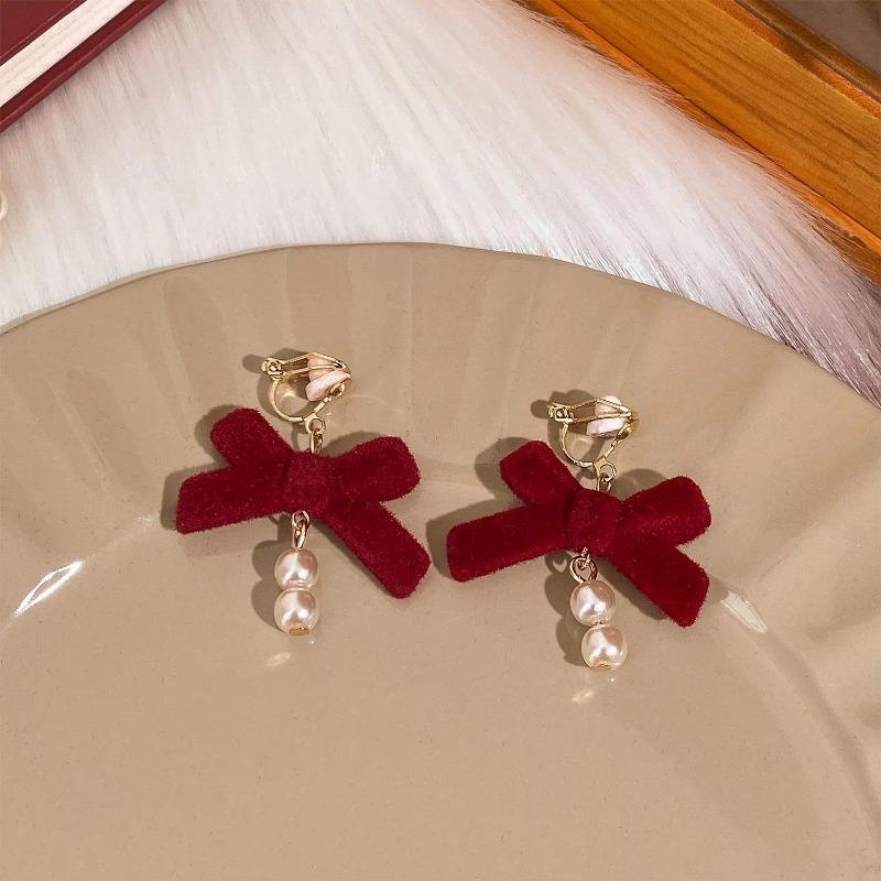 Red Flocked Fabric Bowknot Flower Clip On Earrings Without Pierced Women's Party Festival Elegant Cuff Earrings Ear Clip
