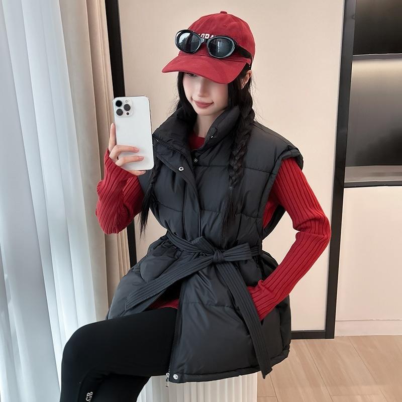 

Cotton Vest Women s Short Winter Fashion Belt Thickened Stand-up Collar Cotton Vest XL чёрный