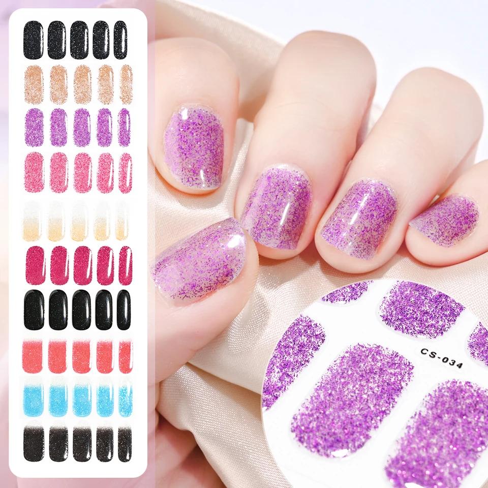 16Tips UV Semi-Cured Gel Nail Art Stickers Combo Pack Glitter High-Gloss Water-Proof Polish Wraps Full Cover Manicure Nails