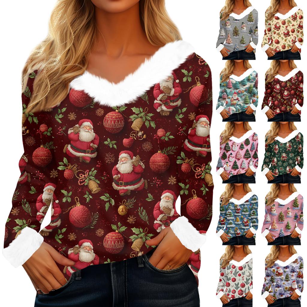Women's T Shirt Tee Christmas Shirt Long Sleeve Party Christmas Print Fleece Collar V Neck Top