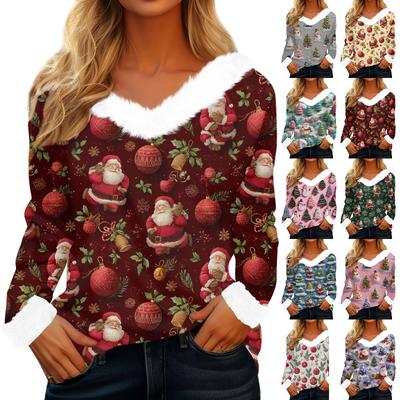 Women's T Shirt Tee Christmas Shirt Long Sleeve Party Christmas Print Fleece Collar V Neck Top