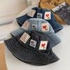 Stamp sticker washed denim bucket hat women's summer versatile washbasin hat cute big head circumference hat
