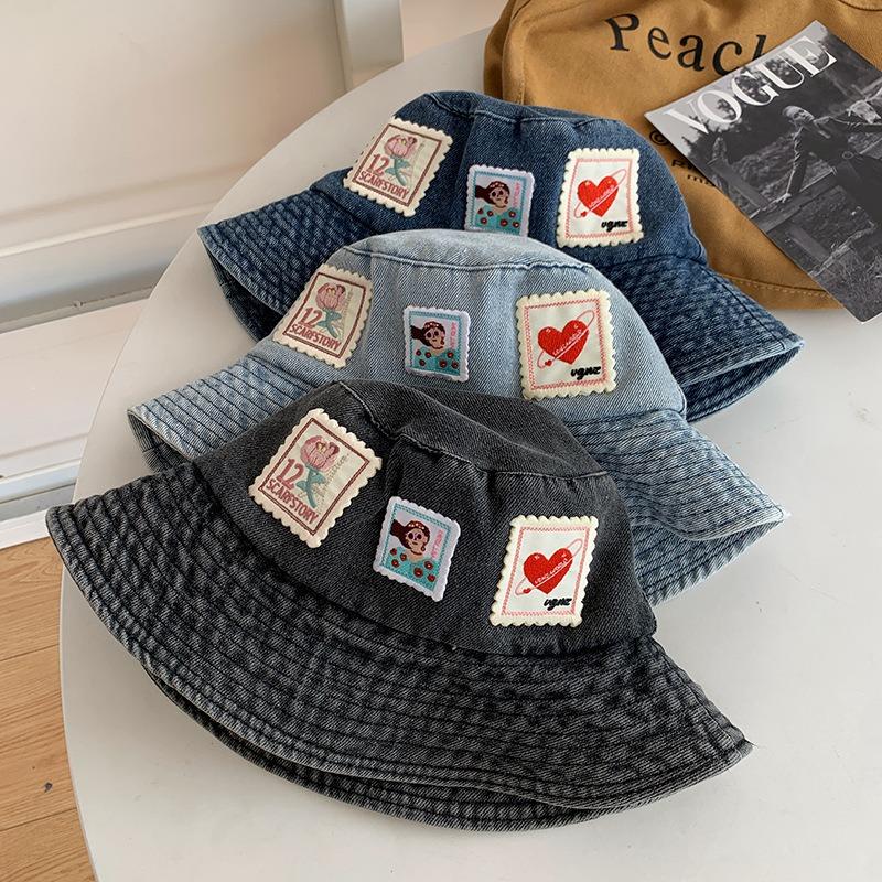 Stamp sticker washed denim bucket hat women's summer versatile washbasin hat cute big head circumference hat