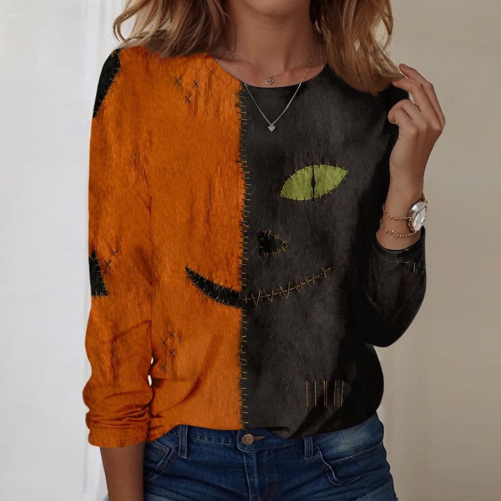 Women's Casual Long Sleeve Sweatshirt Halloween Patchwork Stitching Design Crew Neck Pullover Top for Fall Seasonal Wear