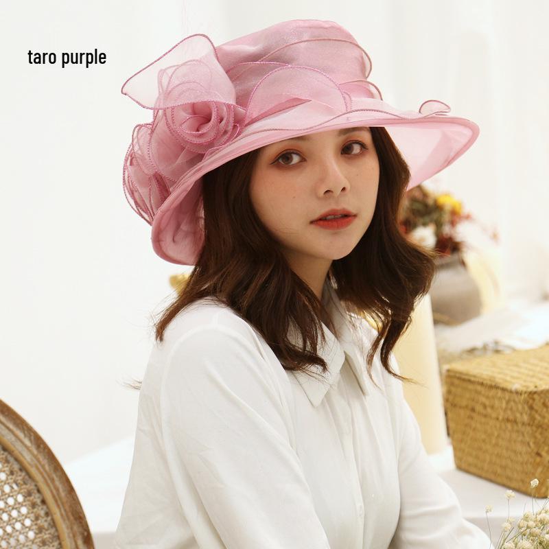 Damen Vintage Sonnenhut mit breiter Krempe und Organzablumen